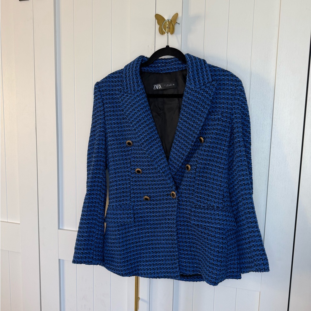 Zara Textured tweed plaid Blue Blazer with Gold Buttons